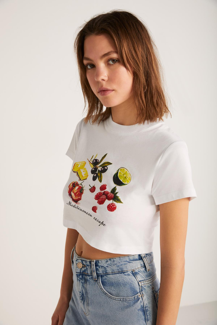 SERENE Basic Crop Beyaz Tekli T-Shirt