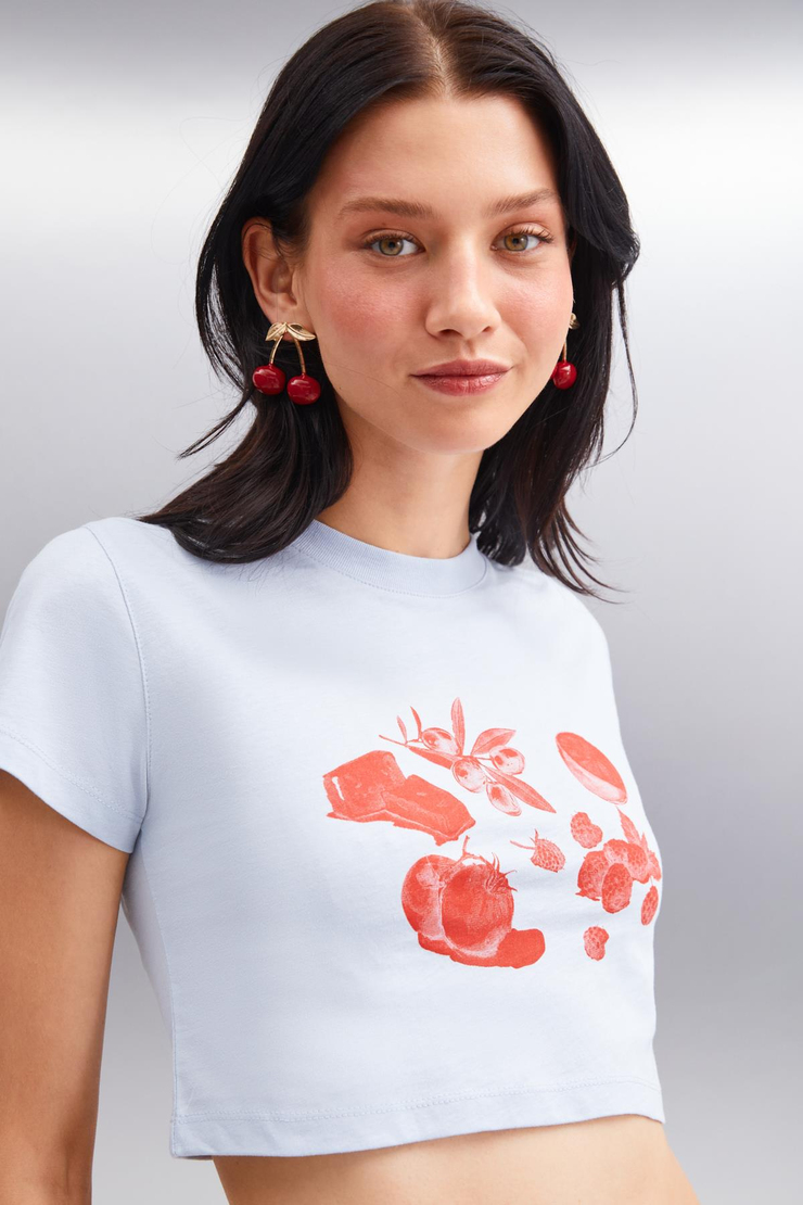 SERENE Basic Crop Mavi Tekli T-Shirt