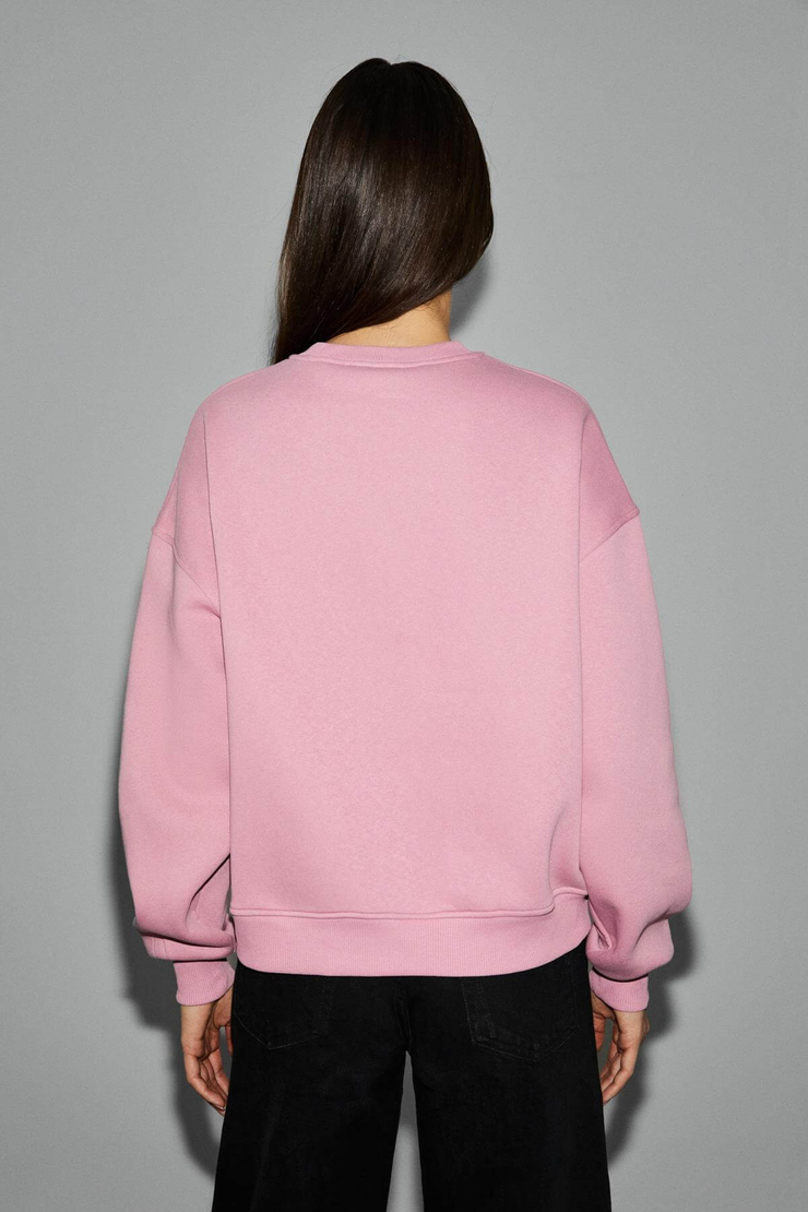 SERENYA Kadın Pamuklu Etiket Detaylı Bisiklet Yaka Pembe Sweatshirt