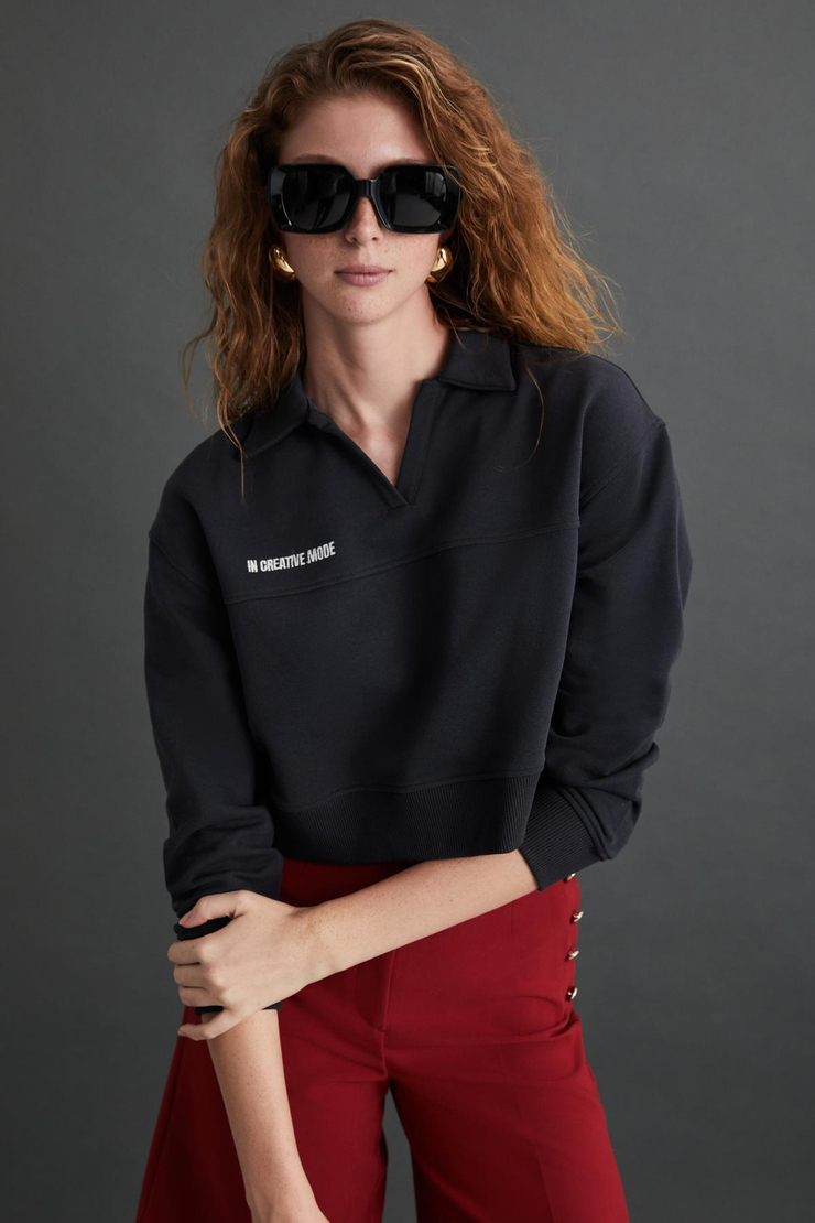 SHANELL Basic Regular Antrasit Tekli Sweatshirt
