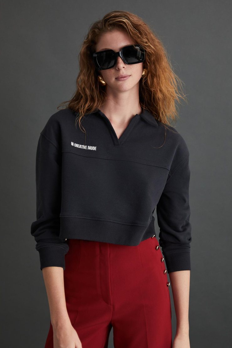 SHANELL Basic Regular Antrasit Tekli Sweatshirt