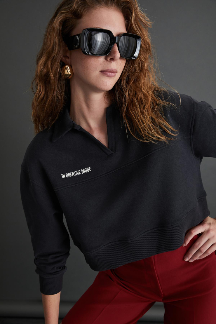 SHANELL Basic Regular Antrasit Tekli Sweatshirt