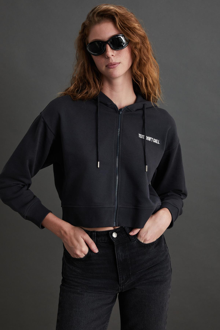 SHAYNA Basic Regular Koyu Antrasit Tekli Sweatshirt