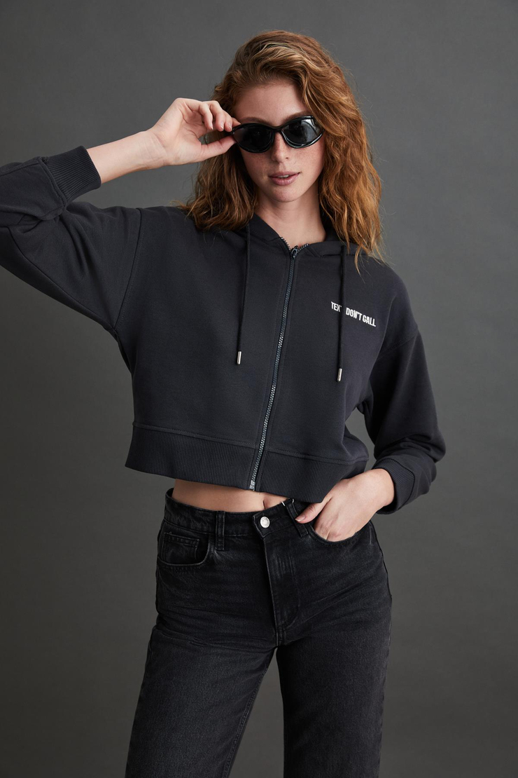 SHAYNA Basic Regular Koyu Antrasit Tekli Sweatshirt