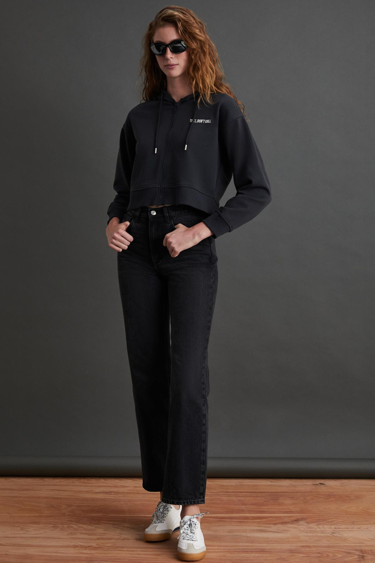 SHAYNA Basic Regular Koyu Antrasit Tekli Sweatshirt