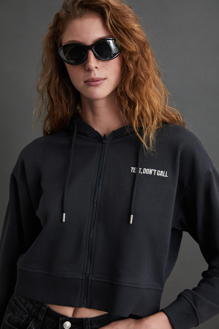 SHAYNA Basic Regular Koyu Antrasit Tekli Sweatshirt