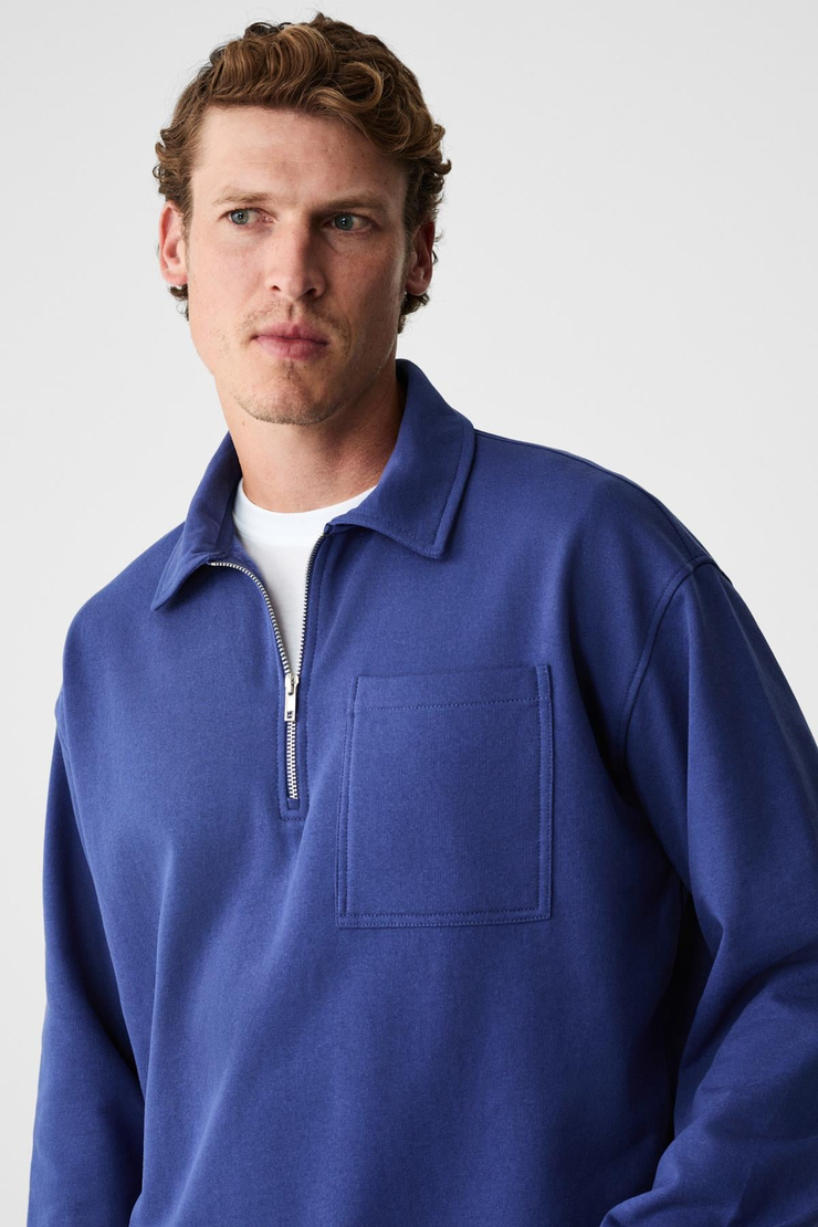 SHIFTD Erkek Bisiklet Yaka Uzun Kollu Fermuarlı İndigo Sweatshirt