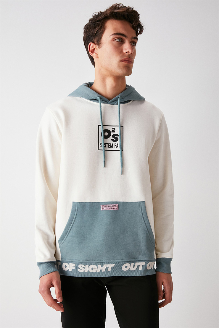 SIGHT Erkek Ekru Renk Bloklu Kapüşonlu Comfort Fit Sweatshirt