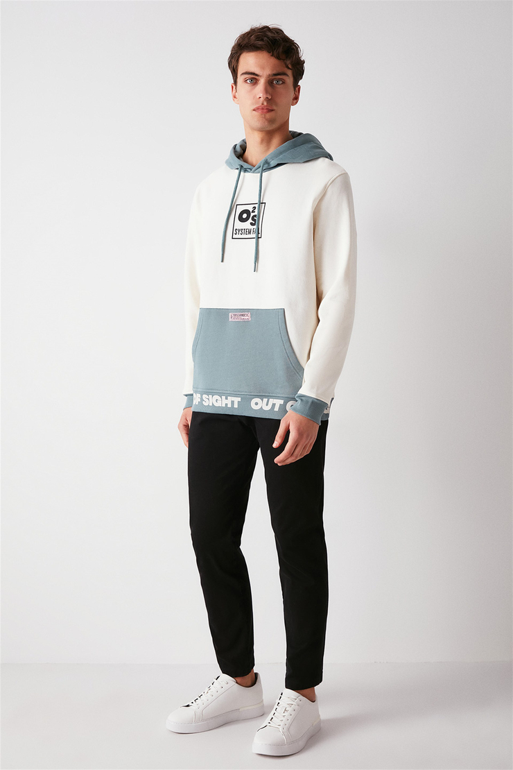 SIGHT Erkek Ekru Renk Bloklu Kapüşonlu Comfort Fit Sweatshirt