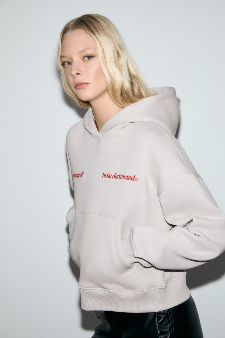 SILENT Kadın Kapüşonlu Organik Pamuklu İçi Polarlı Kangru Cepli Baskılı Nakışlı Açık Lila Sweatshirt