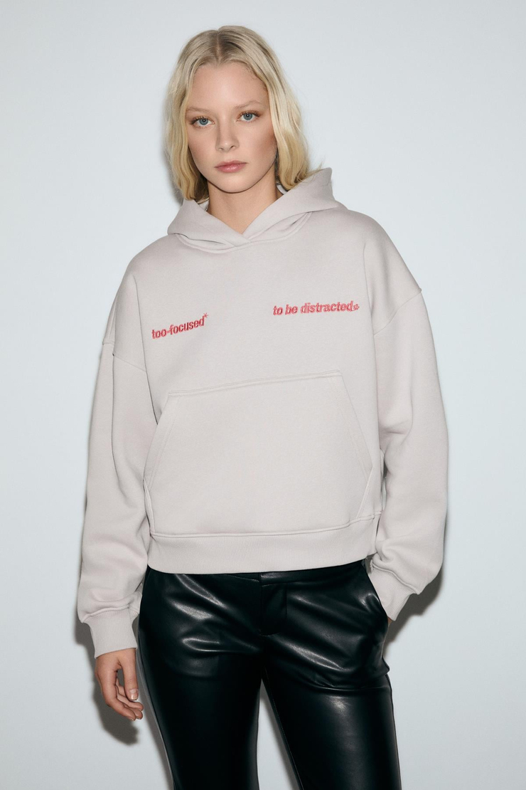 SILENT Kadın Kapüşonlu Organik Pamuklu İçi Polarlı Kangru Cepli Baskılı Nakışlı Açık Lila Sweatshirt