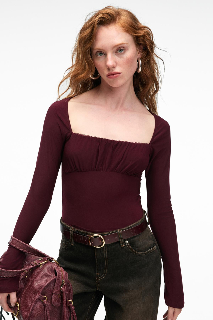 SILIVRA Kadın Havuz Yakalı Esnek Kumaşlı Slim Fit Bordo Bluz