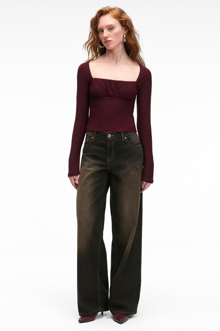 SILIVRA Kadın Havuz Yakalı Esnek Kumaşlı Slim Fit Bordo Bluz