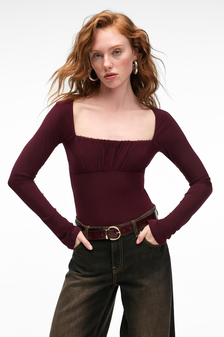 SILIVRA Kadın Havuz Yakalı Esnek Kumaşlı Slim Fit Bordo Bluz