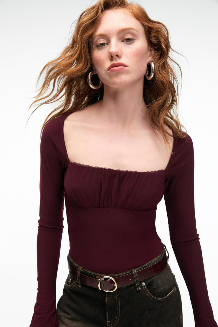 SILIVRA Kadın Havuz Yakalı Esnek Kumaşlı Slim Fit Bordo Bluz