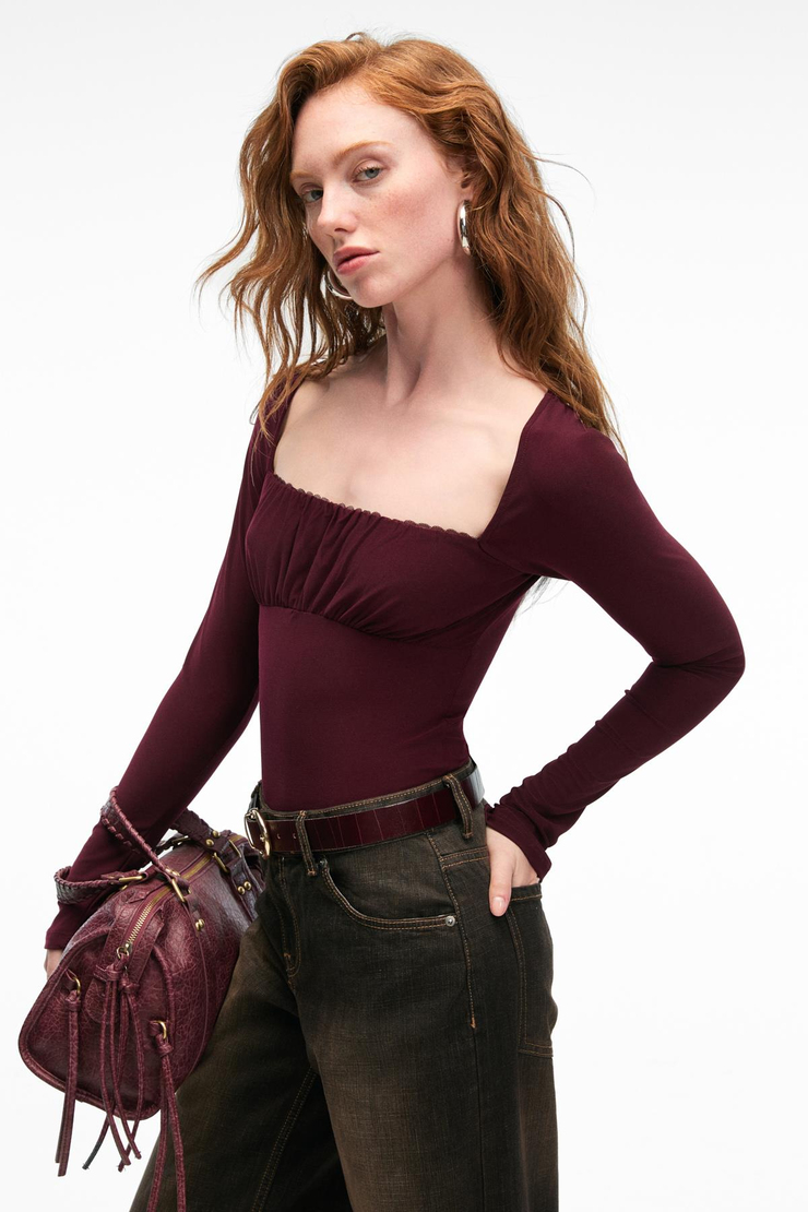SILIVRA Kadın Havuz Yakalı Esnek Kumaşlı Slim Fit Bordo Bluz