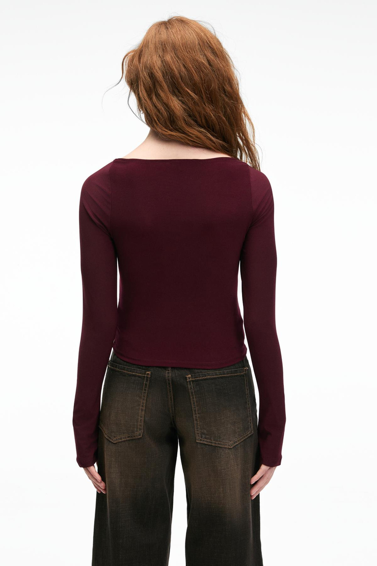 SILIVRA Kadın Havuz Yakalı Esnek Kumaşlı Slim Fit Bordo Bluz