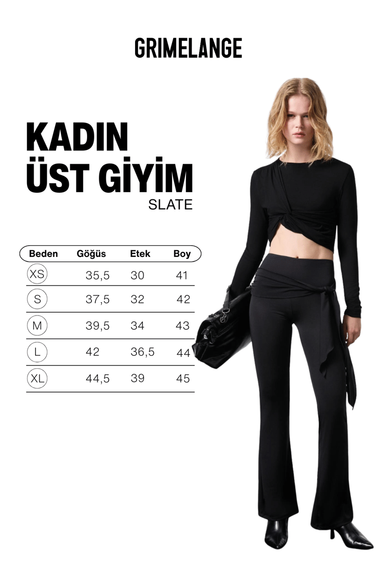 SLATE Kadın Yuvarlak Yaka Önü Düğüm Detaylı Vücuda Oturan Esnek Kumaşlı Crop Siyah Bluz