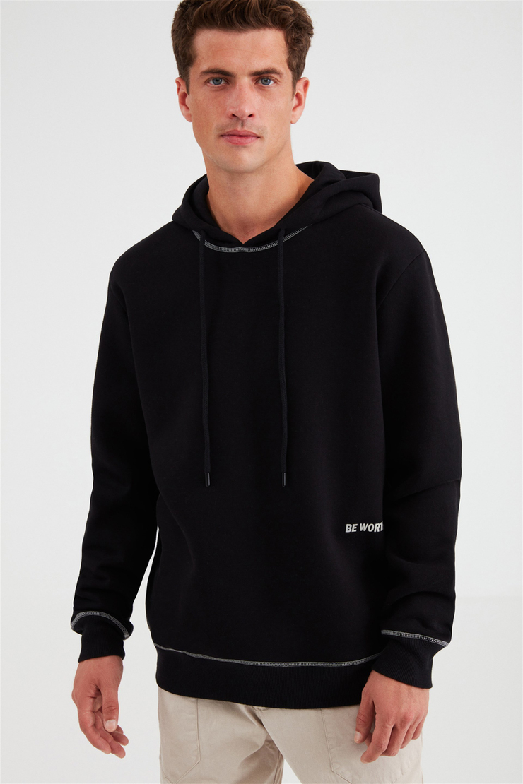 SOLID Erkek Siyah Baskılı Kapüşonlu Comfort Fit Sweatshirt