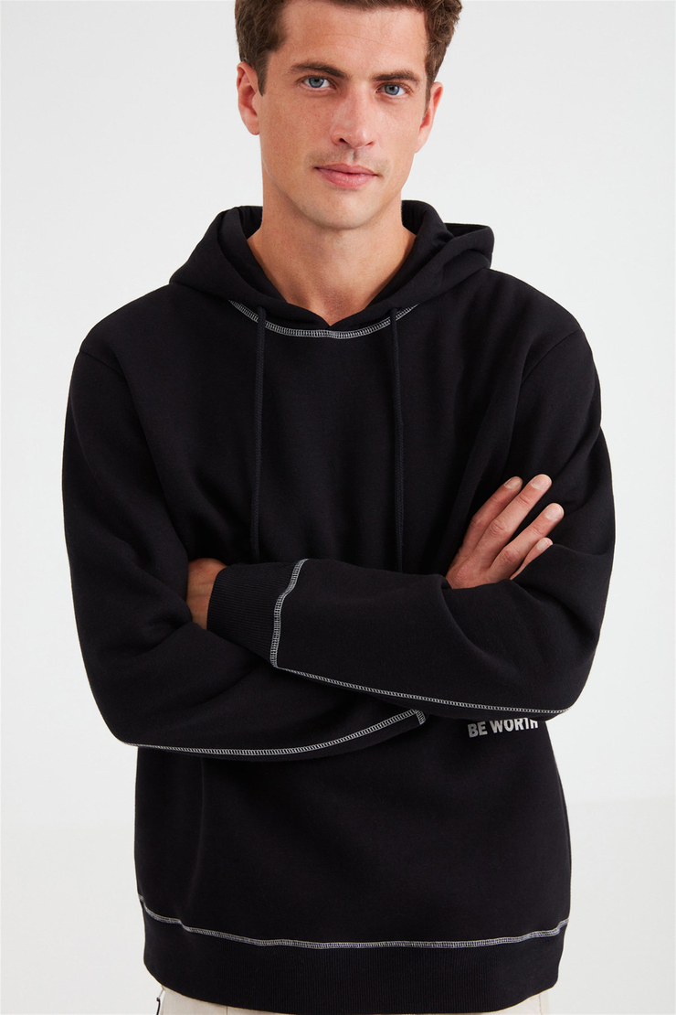 SOLID Erkek Siyah Baskılı Kapüşonlu Comfort Fit Sweatshirt