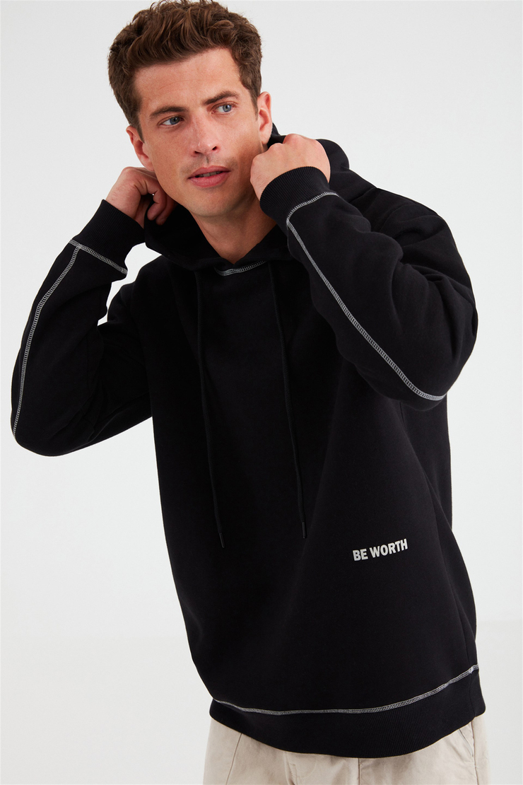 SOLID Erkek Siyah Baskılı Kapüşonlu Comfort Fit Sweatshirt