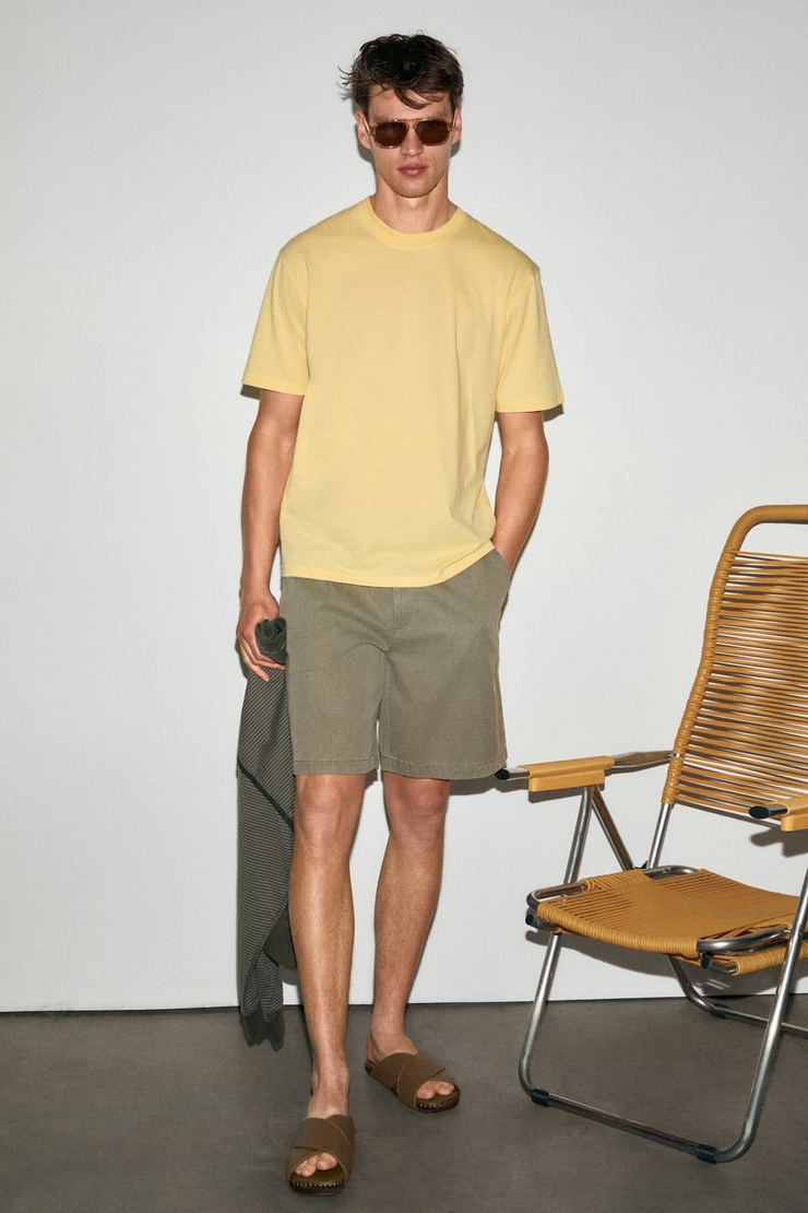 Solo Erkek %100 Organik Pamuklu Kalın Dokulu Comfort Fit Bisiklet Yakalı Sarı T-Shirt