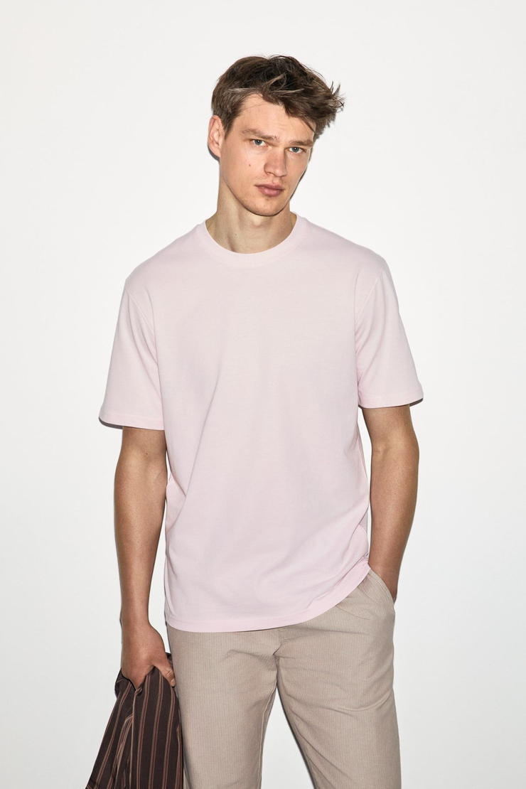 Solo Erkek %100 Organik Pamuklu Kalın Dokulu Comfort Fit Bisiklet Yakalı Pembe T-Shirt