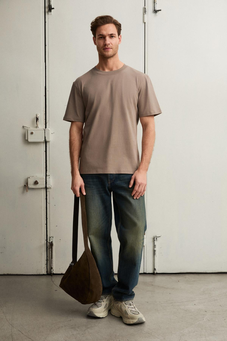 Solo Erkek %100 Organik Pamuklu Kalın Dokulu Comfort Fit Bisiklet Yakalı Vizon T-Shirt