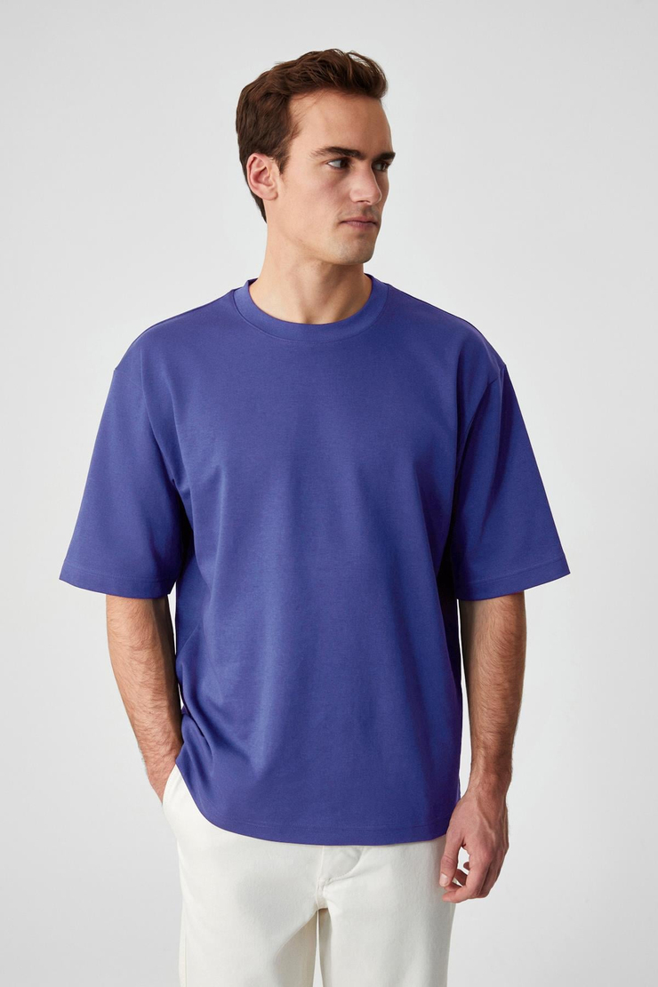 Solo Erkek %100 Organik Pamuklu Kalın Dokulu Comfort Fit Bisiklet Yakalı İndigo T-Shirt