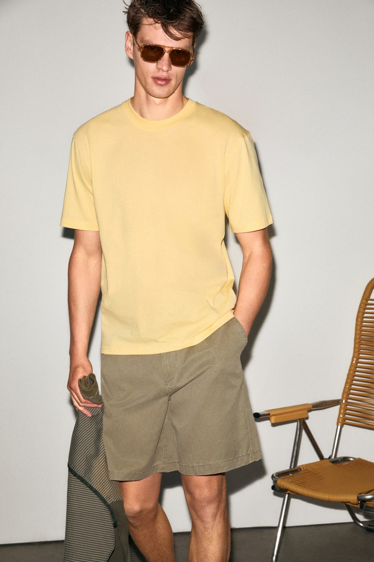 Solo Erkek %100 Organik Pamuklu Kalın Dokulu Comfort Fit Bisiklet Yakalı Sarı T-Shirt