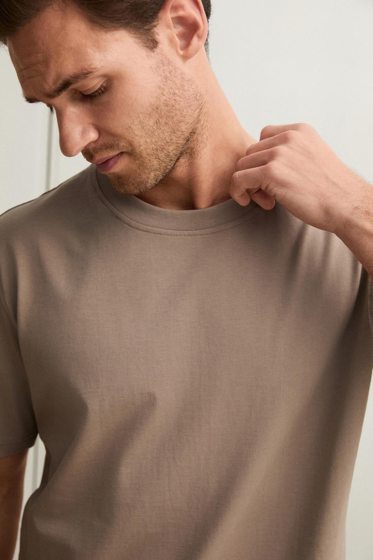 Solo Erkek %100 Organik Pamuklu Kalın Dokulu Comfort Fit Bisiklet Yakalı Vizon T-Shirt