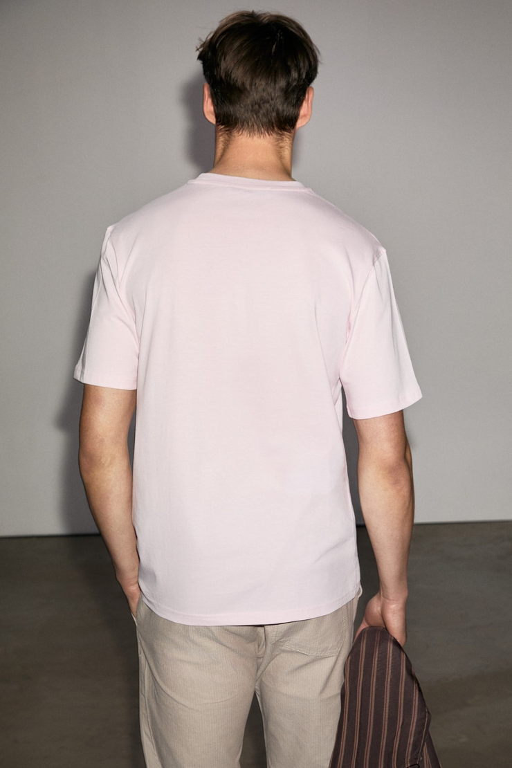 Solo Erkek %100 Organik Pamuklu Kalın Dokulu Comfort Fit Bisiklet Yakalı Pembe T-Shirt