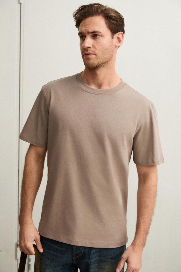 Solo Erkek %100 Organik Pamuklu Kalın Dokulu Comfort Fit Bisiklet Yakalı Vizon T-Shirt