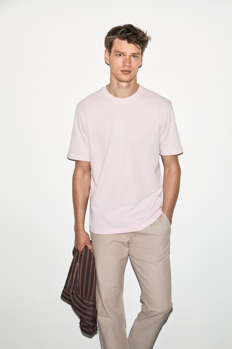 Solo Erkek %100 Organik Pamuklu Kalın Dokulu Comfort Fit Bisiklet Yakalı Pembe T-Shirt