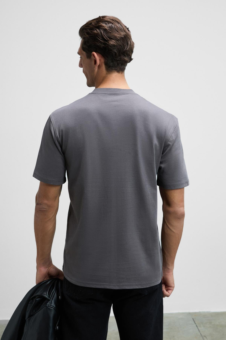 Solo Erkek %100 Organik Pamuklu Kalın Dokulu Comfort Fit Bisiklet Yakalı Antrasit T-Shirt