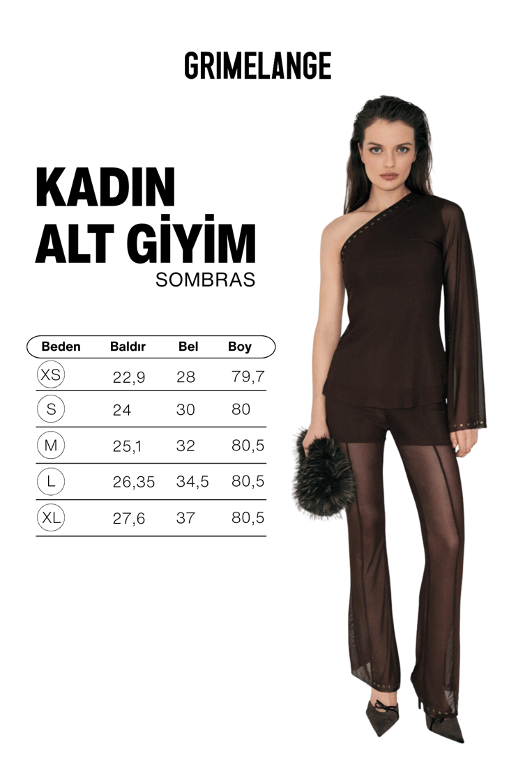 SOMBRAS Kadın Beli Lastikli İçi Şortlu Astarlı Paça Yıldız Taş Detaylı Transparan Tül Kahverengi Pantolon