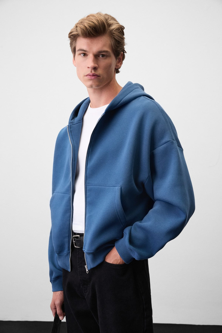 SONGULO Erkek Fermuarlı Kapüşonlu Mavi Sweatshirt