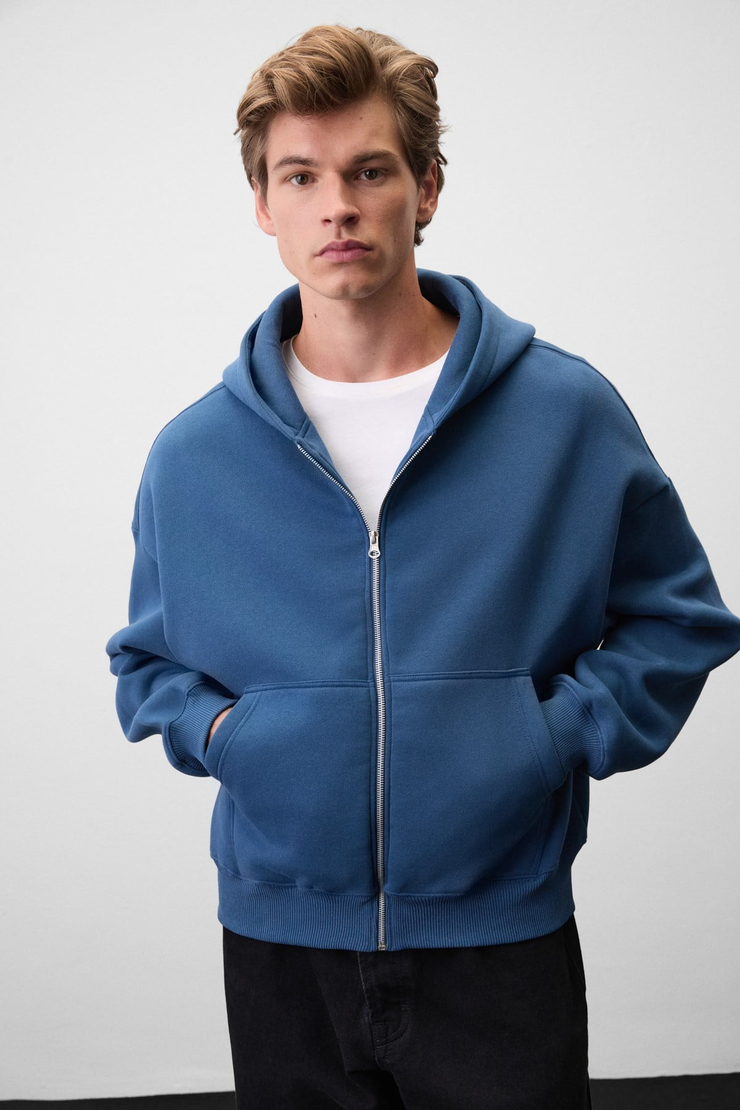 SONGULO Erkek Fermuarlı Kapüşonlu Mavi Sweatshirt