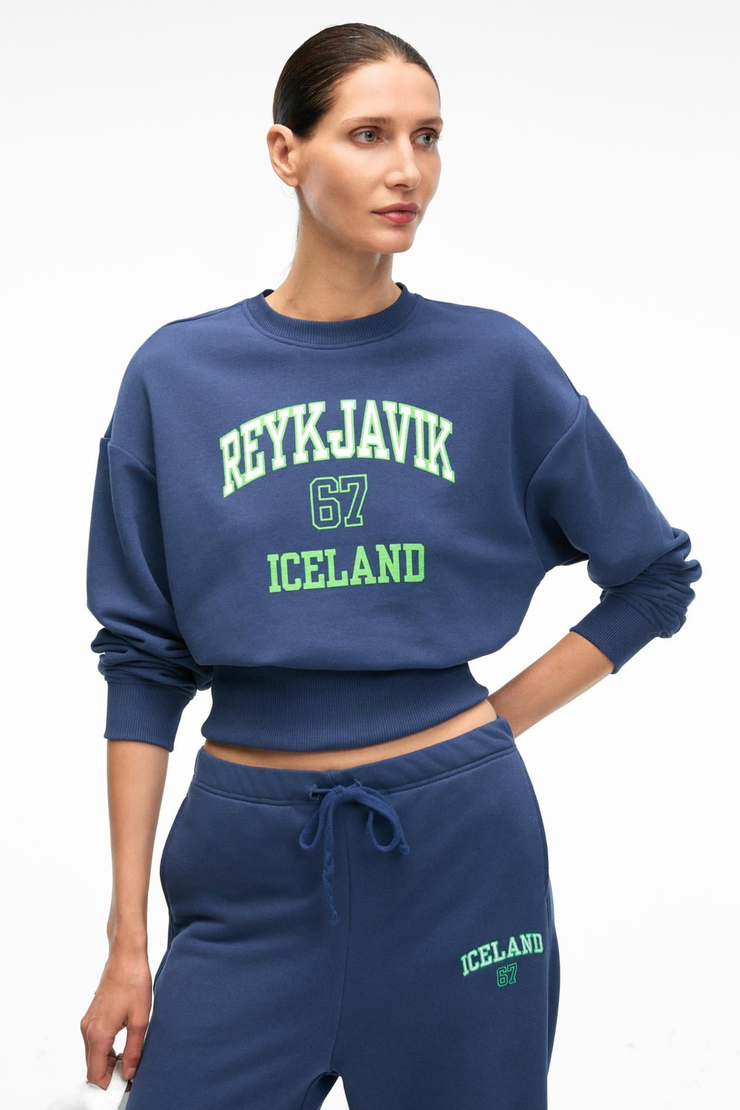 SORELLIA Kadın Bisiklet Yaka Üzerine Oturan Beli Korseli Baskılı Regular Lacivert Sweatshirt