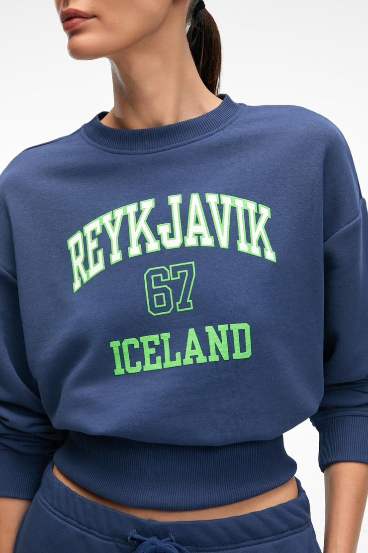 SORELLIA Kadın Bisiklet Yaka Üzerine Oturan Beli Korseli Baskılı Regular Lacivert Sweatshirt