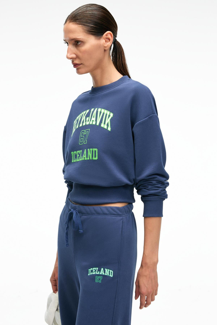 SORELLIA Kadın Bisiklet Yaka Üzerine Oturan Beli Korseli Baskılı Regular Lacivert Sweatshirt