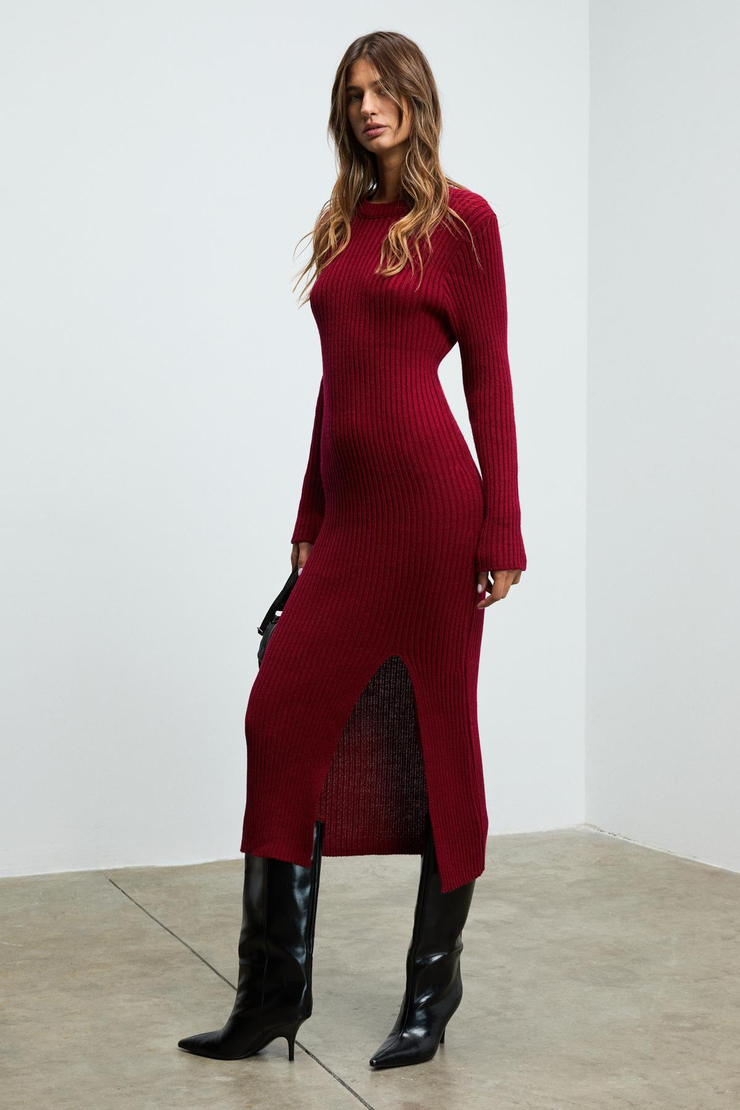 SOREYA Kadın Yuvarlak Yaka Çizgi Desenli Yırtmaçlı Slim Fit Triko Bordo Elbise