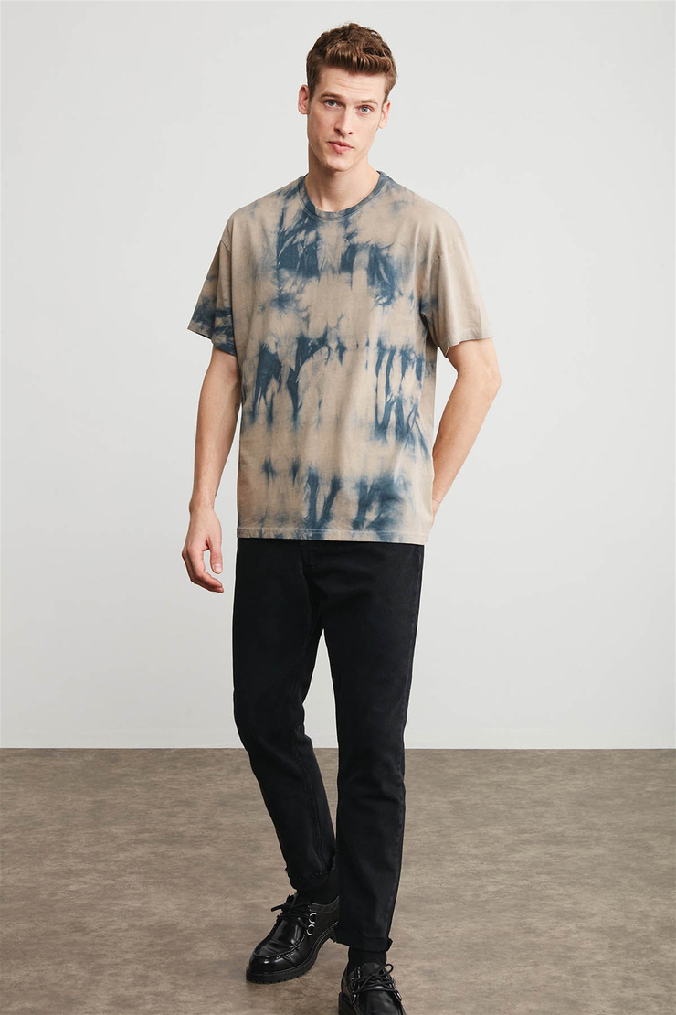 STEN Erkek Bej Batik Yuvarlak Yaka Comfort Fit T-Shirt