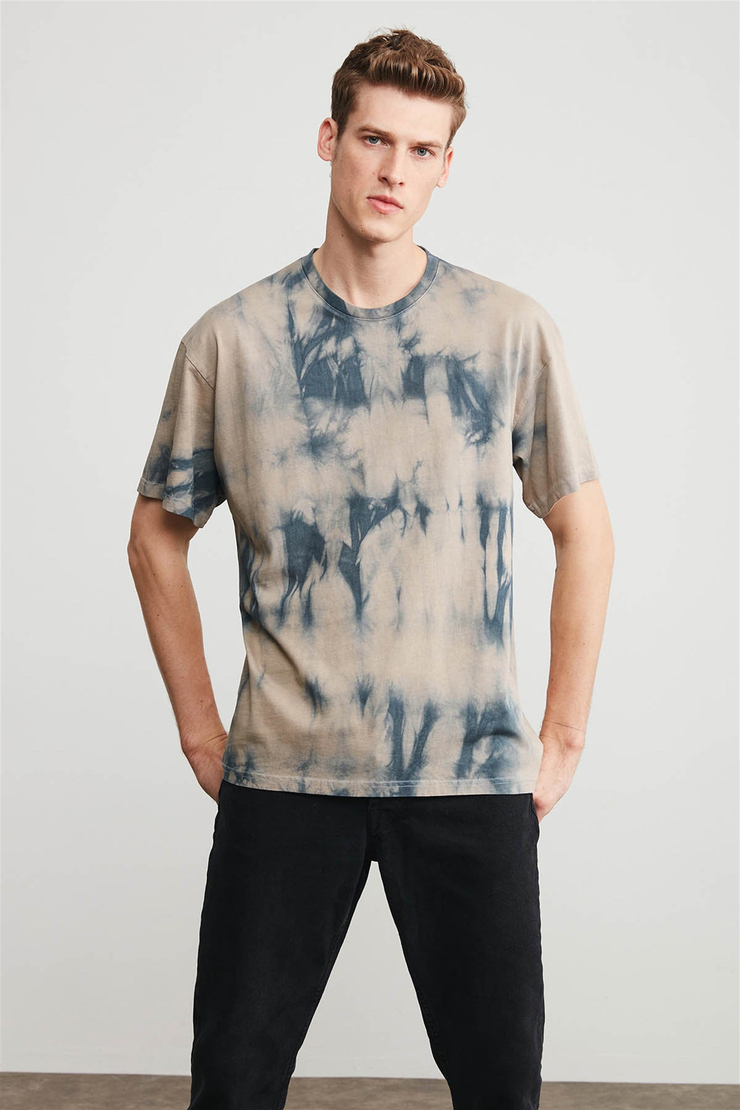 STEN Erkek Bej Batik Yuvarlak Yaka Comfort Fit T-Shirt
