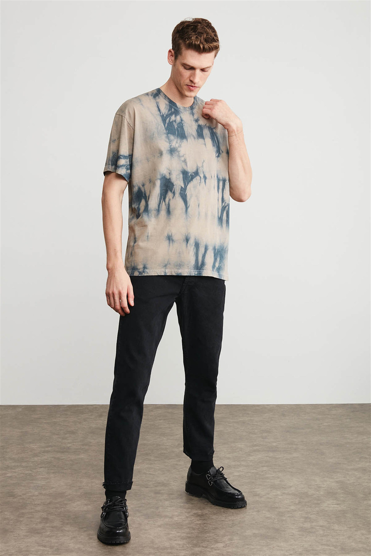 STEN Erkek Bej Batik Yuvarlak Yaka Comfort Fit T-Shirt