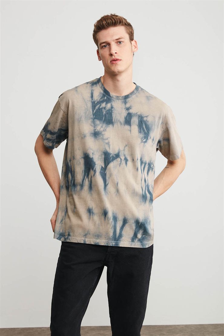STEN Erkek Bej Batik Yuvarlak Yaka Comfort Fit T-Shirt