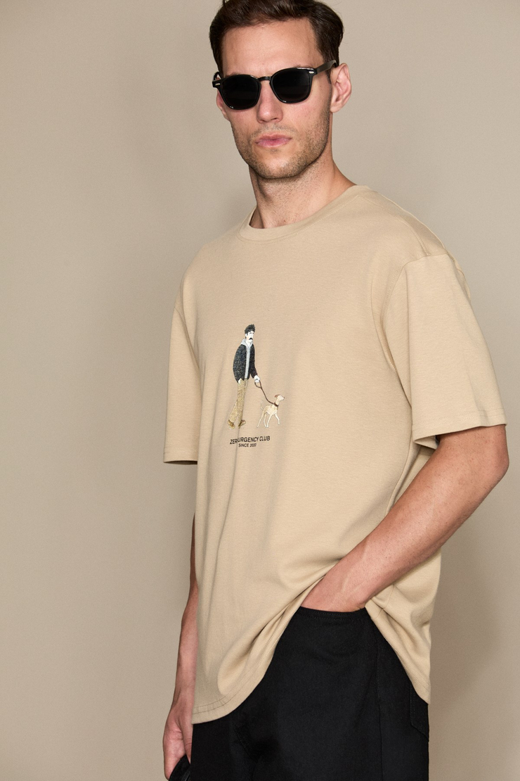 STONE Erkek Yuvarlak Yakalı Önü Baskılı Vizon - Bej T-Shirt