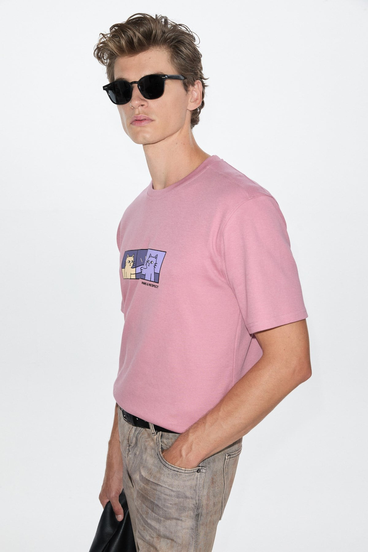STONE Erkek Yuvarlak Yakalı Önü Baskılı Pembe T-Shirt