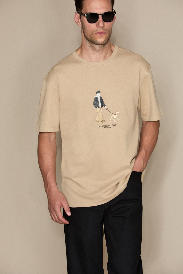 STONE Erkek Yuvarlak Yakalı Önü Baskılı Vizon - Bej T-Shirt
