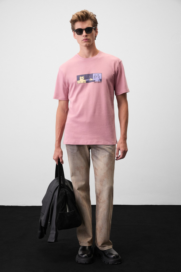 STONE Erkek Yuvarlak Yakalı Önü Baskılı Pembe T-Shirt
